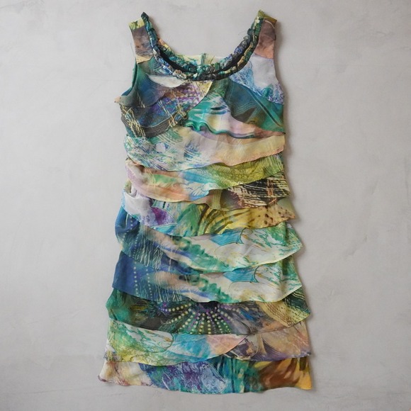 SL Fashions Dresses & Skirts - SL Fashions Tiered Ruffle Dress 6P Womens Multi Color Abstract Print Sleeveless